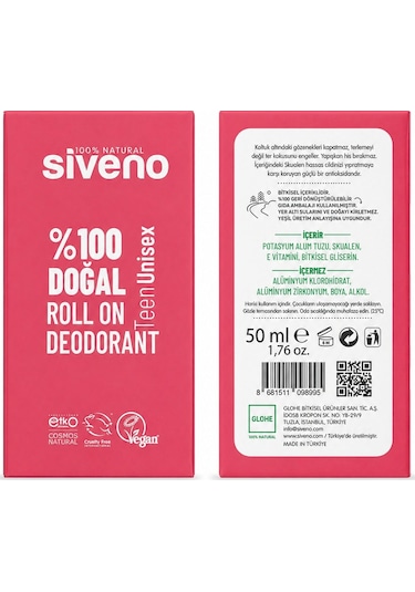Siveno Doğal Teen Pink Kadın Roll-On Deodorant 50 ML