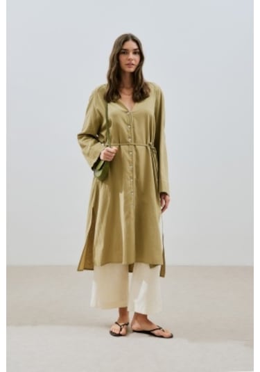 Dokulu Düğmeli Uzun Tunik Haki Haki