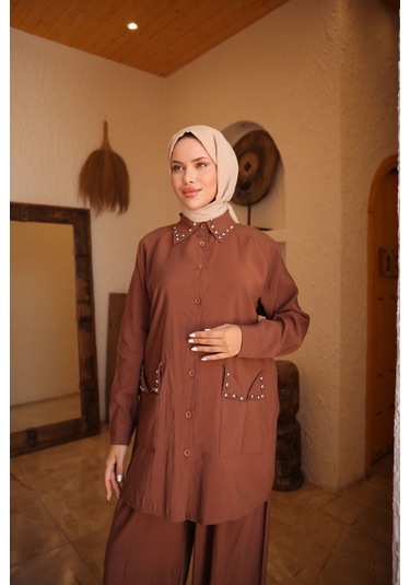 Kadın Tesettür Eşofman & Takımı, Alt Üst Uzun Takım Düğmeli Gömlek Pantolon 504 Kahverengi