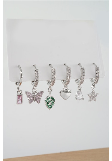 By Zeyna Aksesuar Kadın Vip Seri Zirkon Taşlı Karışık Figürlü 6'lı Küpe Zrk00577 - Gümüş
