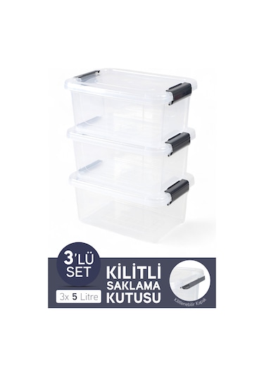 3'lü Saklama Kabı Yatay Dikdörtgen Kilitli Kapaklı Çok Amaçlı Oyuncak Saklama Kutusu 5 Litre Şeffaf