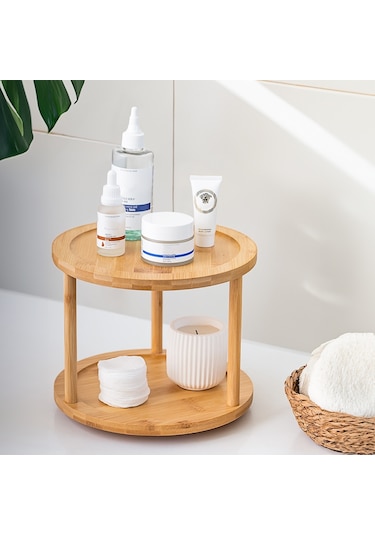 Porsima 76073 Bambu Döner Standlı Sunumluk Makyaj Organizeri Ahşap 2 Katlı Düzenleyici Baharatlık Standı