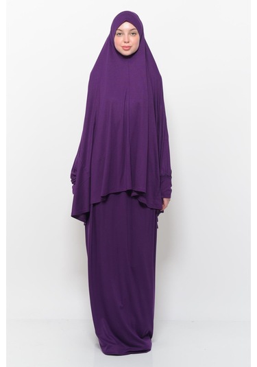 Pratik 2 Parça Pamuklu Yarasa Kollu Başörtülü Tesettür Namaz Elbisesi Mürdüm Antrasit