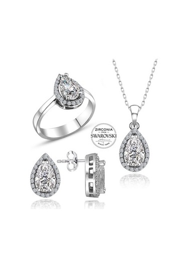 Sertifikalı Swarovski Damla Taşlı Tek Taş 925 Gümüş Set