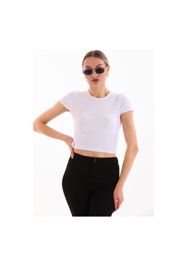 Kadın Likralı Kısa Kol Crop Bluz BEYAZ