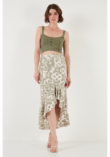 Lela Regular Fit Desenli Yüksek Bel Volanlı Midi Boy Yırtmaçlı Bayan Etek 5869013 Olive