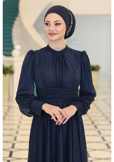 Raika Moda Şık Tasarım Tül Kübra Abiye Lacivert