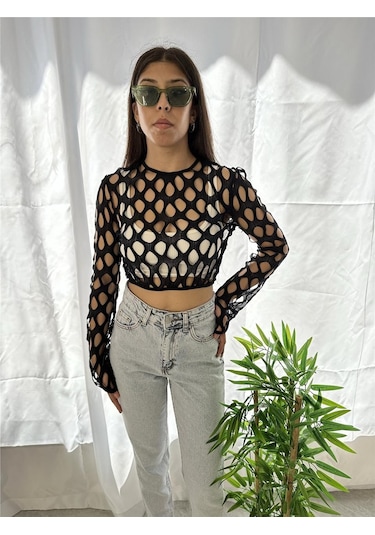 Boutiquen Siyah Örgü Crop Siyah