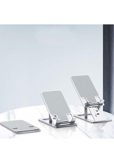 Vkemall Alüminyum Masaüstü Telefon Tutucu, 7 Açıyla Ayarlanabilir, Çoklu Cihaz Uyumlu 12 İnçye Kadar , Katlanabilir Ve Taşınabilir, Dürtüye Dayanıklı, Gümüş Renk