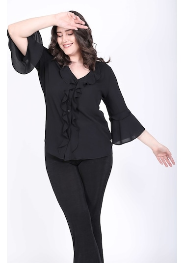 Myline Kadın Önü Fırfırlı Kolları Volanlı Bluz 45441 Siyah