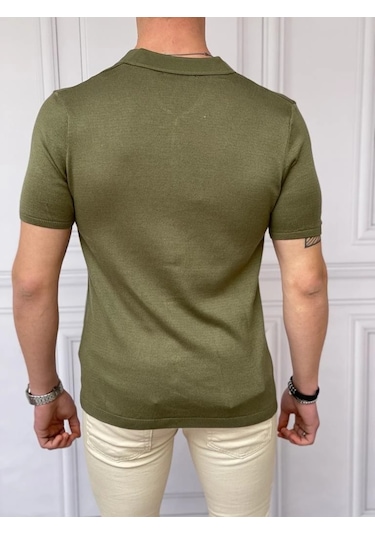 Modefendi Slim Fit Polo Yaka Triko Pamuk Kısa Kollu Gömlek Haki