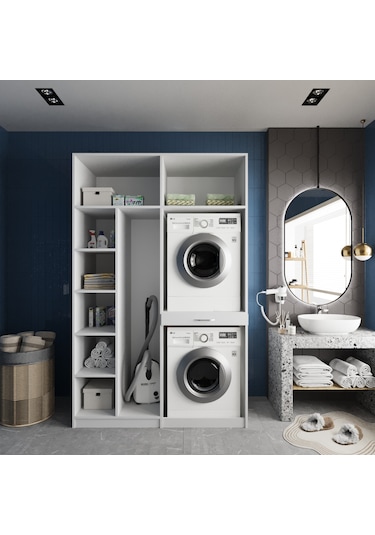 Megan Çamaşır Ve Kurutma Makinesi Dolabı Banyo Dolabı Beyaz Beyaz