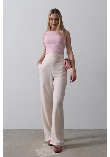 Ge Ticaret Beli Yarım Lastikli Palazzo Pantolon - Pudra Pudra