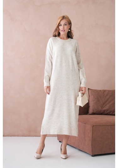 Kadın Bisiklet Yaka Yumuşak Dokulu Maksi Boy Şardonlu Oversize Triko Elbise 8324sw Taş