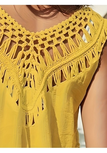 Zarif Tığ İşi Şık V Yaka Kolsuz Yarı Transparan Plaj Elbisesi Sarı