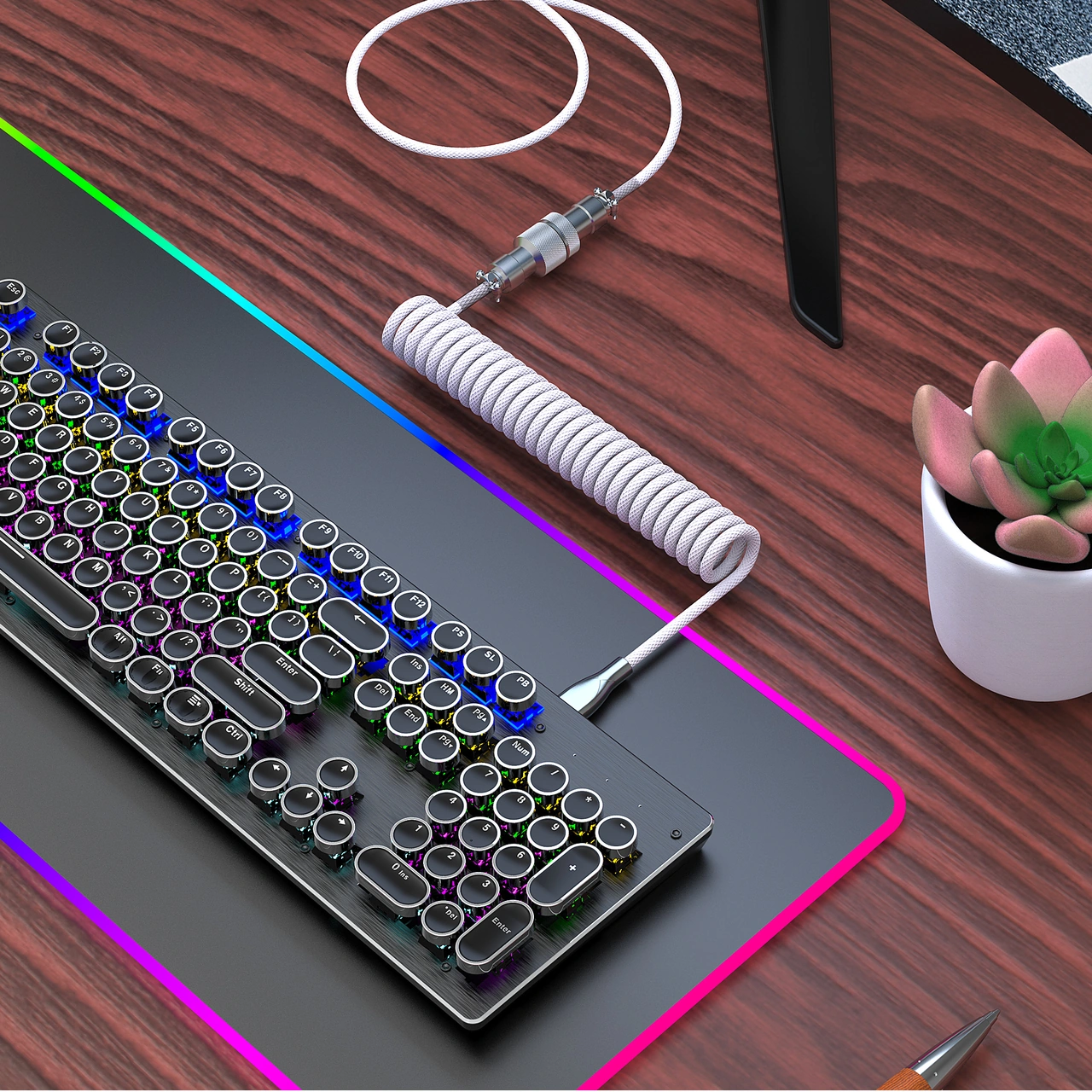 Qingmipy Mekanik Klavye İçin Genişletilebilir Nilon Örgü Kablosu - Usb'den Type-c'ye Çevirici Beyaz