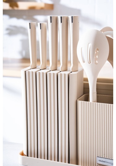 Cooper 14 Parça Standlı Kesme Tahtası Servis Ve Bıçak Seti Krem