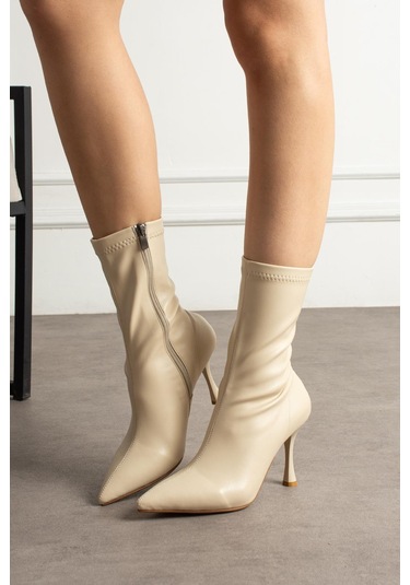 Shoetek Lastve Kadın Bot İnce Topuklu Fermuarlı Streç Bej Deri Bej Cilt