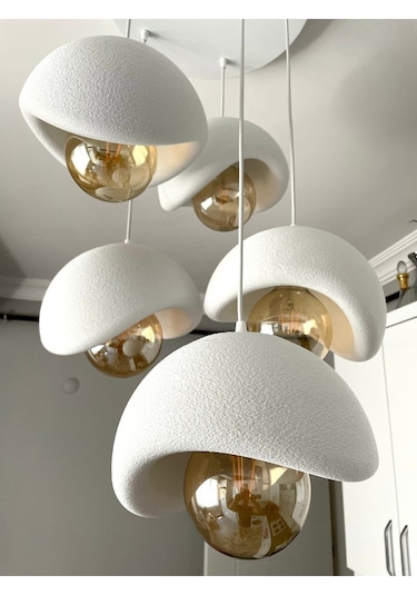 Modern 5'li Avize Beton Dokulu - Salon Ve Oturma Odası İçin Şık Tasarım Rustik Ampul Hediyeli Beyaz