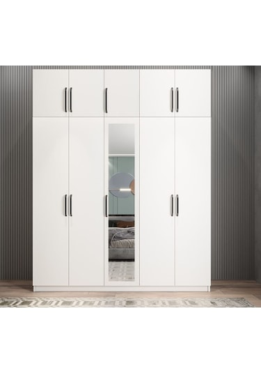 Soft 10 Kapaklı Yüklüklü Gizli Çekmeceli Gardırop Dolap Beyaz 225 Cm Beyaz