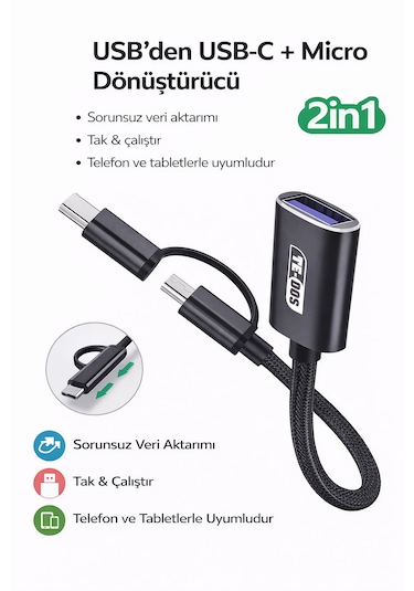 Type-c + Micro Usb 2 Si 1 Arada Otg Kablo Usb 3.0 Tak & Çalıştır 1 Adet