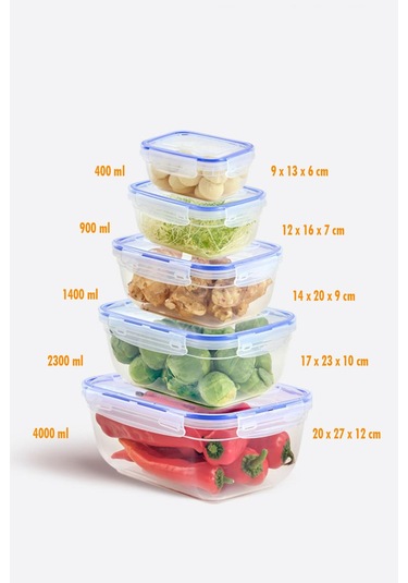 Dikdörtgen 5 Parça Contalı Vakumlu Sızdırmaz Hava Almaz Saklama Kabı Seti 4000/2300/1400/900/400 Ml Şeffaf