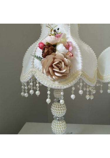 2 Adet Çiçek Dekorlu Abajur Özel Tasarım Dekoratif Beyaz