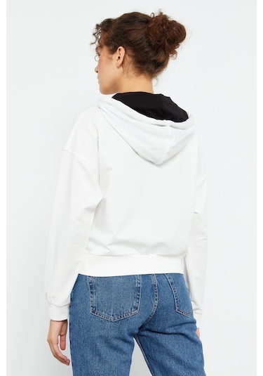 Tommy Life Ekru Uzun Kol Rahat Form Kapüşonlu Kadın Sweatshirt - 97115 Ekru