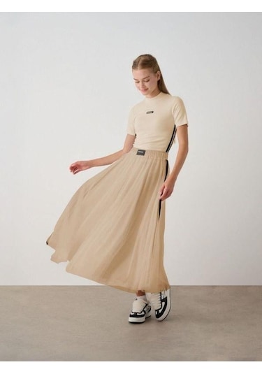 Kız Çocuk Yarım Balıkçı Yaka Tül Tasarım Etekli Takım-14934 Bej