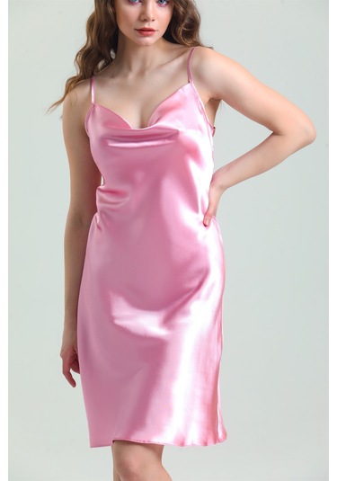 Magic Form 7790 Kadın Pembe Degaje Yaka Saten Gecelik Pembe