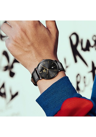 Olevs 5869 Erkekler İş Su Geçirmez Hakiki Deri Kayış Kuvars Saat Siyah