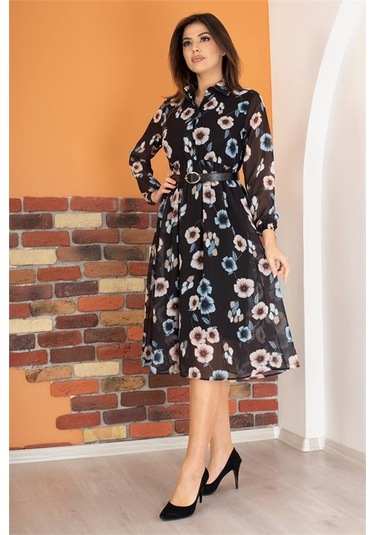 Neşeli Butik Kadın Siyah Kemerli Gömlek Yaka Şifon Elbise Ry0031 Mint Yeşili
