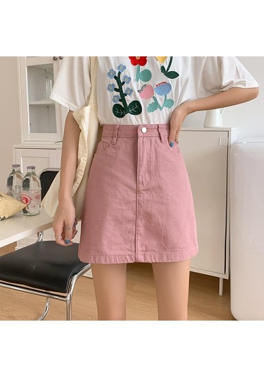 Yaz Yüksek Bel A Hattı Düğmeli Kot Etek Mini Siyah Beyaz Slim Fit Kot Etek Pembe