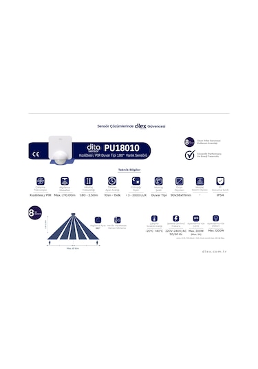 Dita Pu18010 Kızılötesi / Pır Duvar Tipi 180 Varlık Sensörü