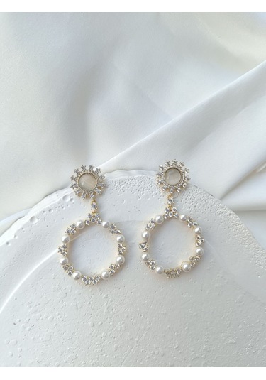 İncili Taşlı Sarkıt Küpe Altın