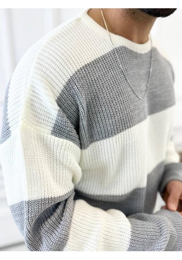 Kazak Oversize Tüylenmez Naturel Pamuk Örme Triko Kazak Gri