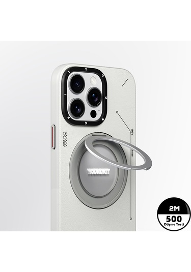 iPhone Uyumlu 15 Pro Kılıf Magsafe Şarj Özellikli 360 Standlı Deri Desenli Youngkit Tech Leather Serisi Gri