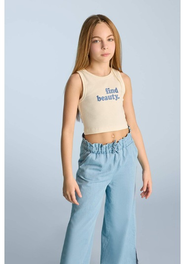 Defacto Kız Çocuk Bisiklet Yaka Baskılı Crop Atlet C4717a825smer99 Ekru