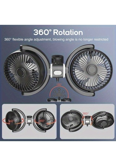 Motion003 1 Adet Siyah Çift Başlıklı Usb Araç Koltuk Fanı Katlanabilir Dönebilir Sessiz Güçlü Rüzgar Kamyonet Suv Sedan Yaz Seyahati