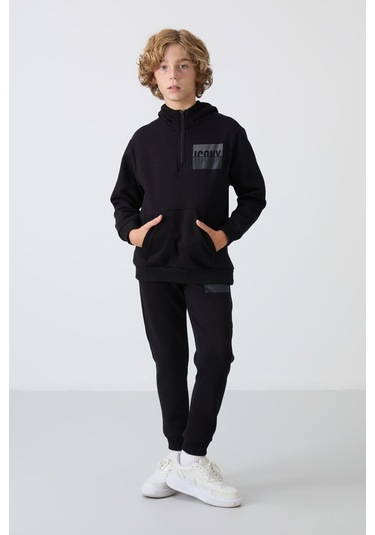 Tommy Life Siyah Pamuklu Kalın İçi Tüylü Yumuşak Dokulu Standart Fit Baskılı Erkek Çocuk Eşofman Takım - 11246 Siyah