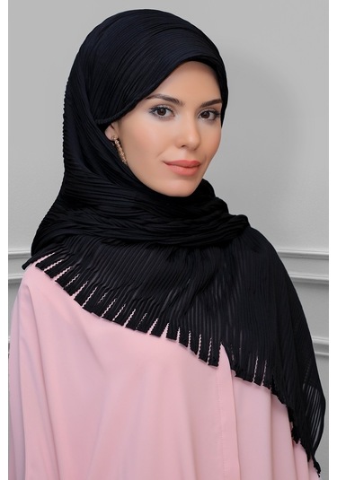 Siyah Arkadan Bağlamalı Tesettür Eşarp Kesik Elyaf Piliseli Saçak (545491470) Siyah