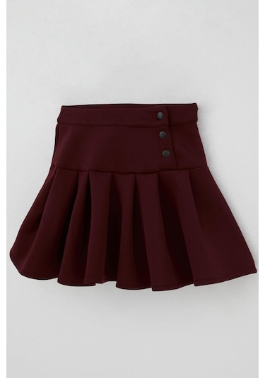 Breeze Kız Çocuk Mini Etek Pileli Çıtçıt Detaylı 7-12 Yaş, Bordo Bordo