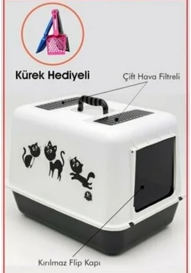 Kum Küreği + Kırılmaz Kapaklı Büyük Lüks Kapalı Kedi Tuvaleti 40 x 54 x 40 CM
