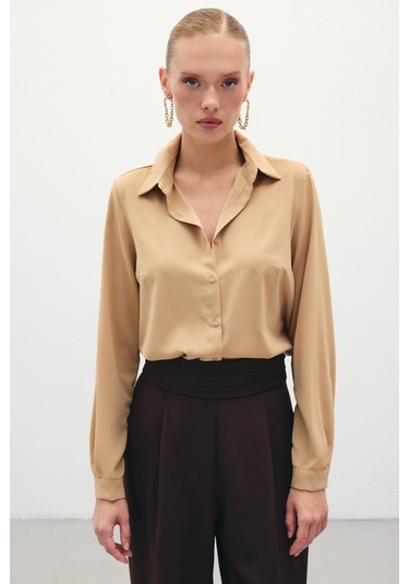 Düz Klasik Gömlek - Camel-135611 CAMEL