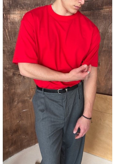 Hyman Erkek %100 Pamuk Oversize Basic T-shirt Kırmızı