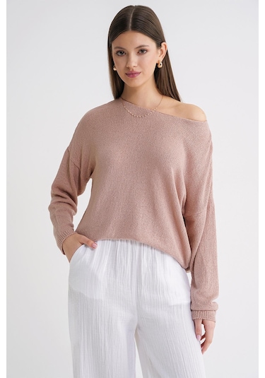 6933 Kadın Kayık Yaka İnce Mevsimlik Triko Kazak Pudra Pudra