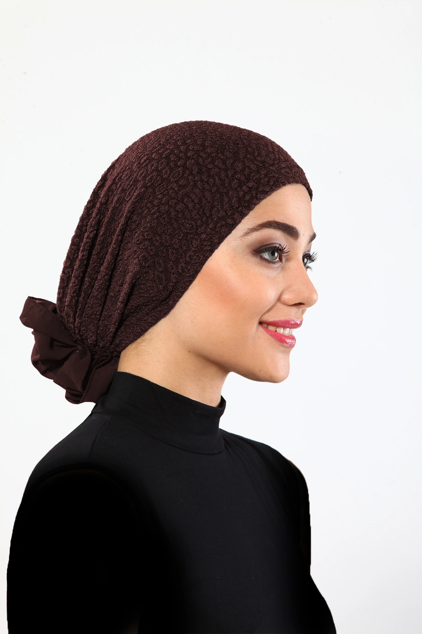 Brokar Tüllü Kahverengi Hazır Türban Tesettür Bone Kahve