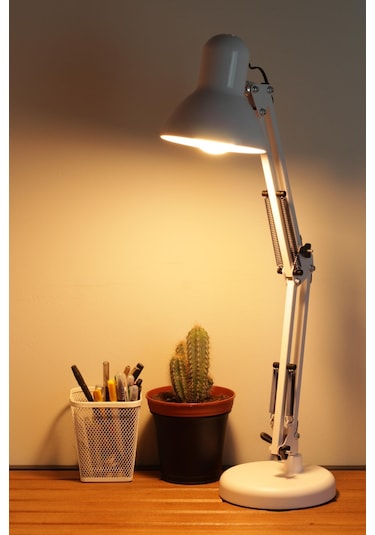 2li Set Masa Lambası + Kronometreli Öğrenci Saati Akrobat Metal 360 Çalışma Masası Lambası Beyaz Beyaz