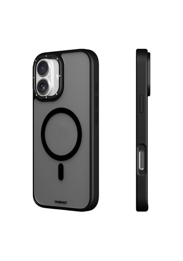 İphone Uyumlu 16 Kılıf Magsafe Şarj Özellikli Cam Arka Yüzey Tpu Youngkit Gemstone Serisi Kapak Siyah