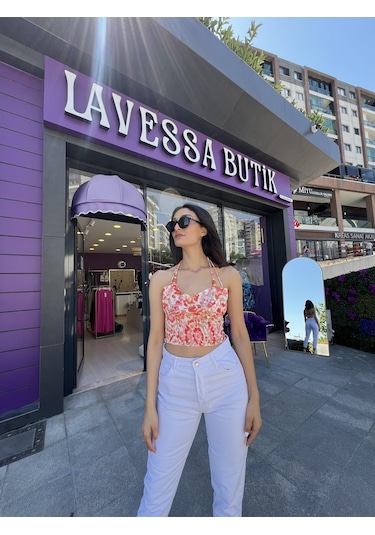 Lavessa Gipe Detaylı Crop - Turuncu Çiçekli-135 Turuncu